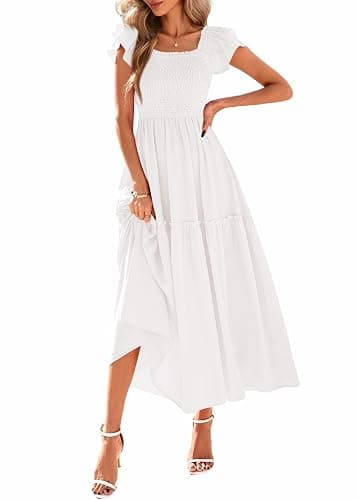 KIRUNDO Smocked Summer Dresses for Women 2026 Wedding Guest Midi Flowy Ruffle Short Sleeve Square Neck Tiered Sundress - Image 1