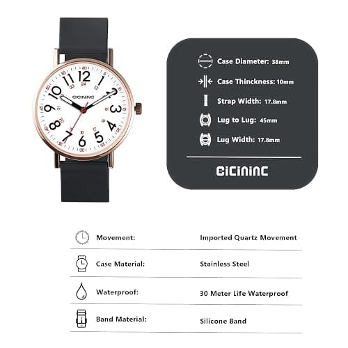 cicininc Watch with Second Hand for Nursing Women | Analog | Military Time | Silicone Band | Easy Read Dial | 12/24H | for Nurses, nursing students, medical professionals thumbnail 5