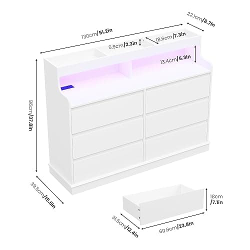 Dresser for Bedroom, 6 Drawer Dresser with LED Lights and Charging Station, Wide Chest of 6 Drawers with Open Space, Modern Large Capacity Storage Cabinet, Living Room, Hallway, White - White thumbnail 2