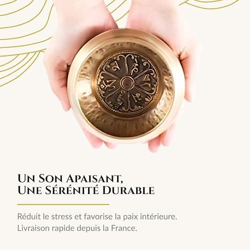 Zenamaste • Bol Tibétain Chantant Méditation Fait à la main à Bhaktapur (Népal) - 450gr ⌀11,5cm - Coffret Zen - Papier népalais - Coussin Bol Chantant (Métaux Anciens Chakra) - Maillet Bois thumbnail 6