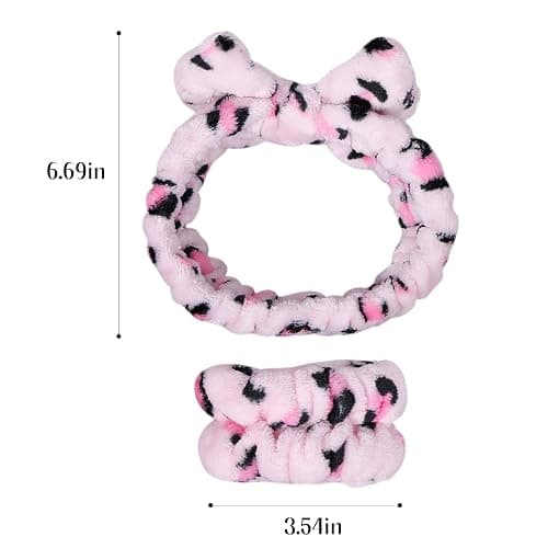Miroksh Pink Leopard Print Plush Wash Face Headband Bowknot Cheetah Spa Hair Band Wrist Cuffs Women Girls Facial Makeup Skincare Bath Head Wrap Lady Costume Party Supply Xmas Gift thumbnail 7