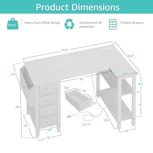 Lufeiya White L Shaped Computer Desk with Drawers & Storage Shelves, 47 Inch Corner Reversible Desk with Power Outlet for Home Office Bedroom, L-Shaped Teen PC Desks with Fabric Drawer, White thumbnail 3