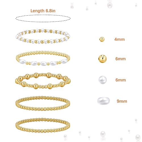 Gold Bracelets for Women Pearl Bracelet 14k Gold Plated Beaded Bracelet for Women Gold Stretch Bead Ball Bracelets Set Adjustable Gold Jewelry for Birthday Christmas Mother's Day Gifts thumbnail 2