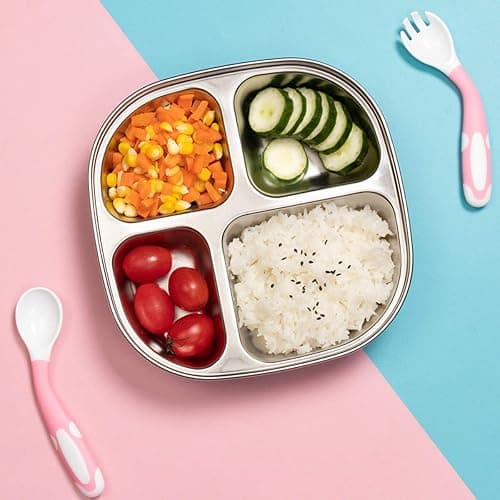 AIYoo Set of 2 Stainless Steel Dinner Plates 4 Sections Divided Platter Dinner Tray - Lightweight Metal Plate for Adults and Campers, Portion Control Bariatric Weight Loss and Diabetic Diet Plates thumbnail 5