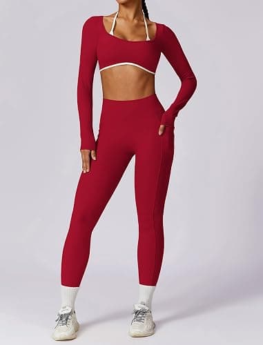 Workout Sets for Women 2 Piece Outfits Seamless High Waist Leggings Yoga Long Sleeve Crop Tops Athletic Gym Sets thumbnail 5