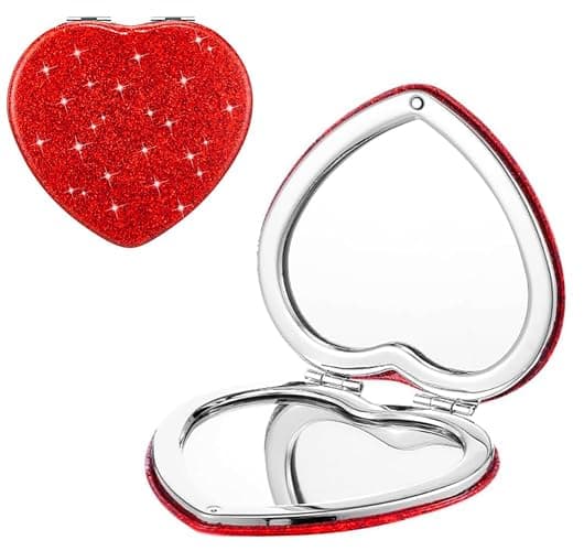 mpowtech Red Heart Shaped Compact Mirror for Purse,1x/2x Magnification Cute Travel Mirror with Glitter,2.76 inch Double-Sided Mini Folding Mirror,Small Pocket Mirror for Gift,Travel Essentials - Image 1