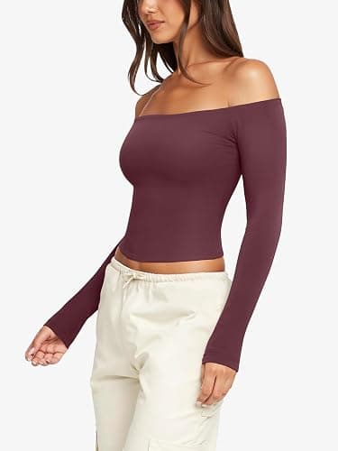 LASLULU Womens Sexy Off The Shoulder Long Sleeve Workout Tops Strapless T Shirts Crop Top Casual Fall Outfits thumbnail 4