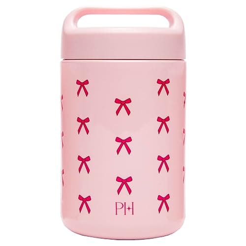 Paris Hilton Stainless Steel Food Jar, Double Wall Vacuum Sealed Insulated Food Storage Container with Carry Handle Lid, 16-Ounce, Pink with Bow Design - Image 1