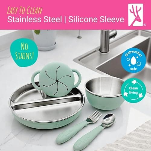 Elk and Friends Stainless Steel Mealtime Bundle with Sleeves | 10pc Set | Kids/Toddler Dinner Set | Silicone Sleeves | 7.8" Plates, Bowls, Snack Cups, Toddler Utensils | Travel Lids | Dishwasher Safe thumbnail 6