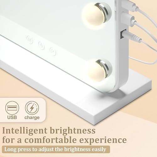 LZNIOZ Hollywood Vanity Mirror for Makeup: 58x48 cm - 3 Color Modes,15 Dimmable LED Bulbs,USB & TYPE-C Output Port,touch Screen, Tabletop or Wall Mounted for Women - Bedroom - 58L x 48W cm thumbnail 4