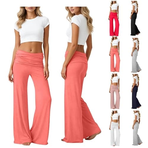 Coral Fold Over Pants Solid Wide Leg Loose Fit Lounge Pants Fold Over Yoga Pant For Women Yoga Sports Everyday 2026 - Image 1