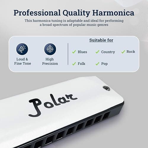 Harmo Polar Diatonic Harmonica Key of A - 10 Holes 20 Notes, Blues Harp Mouth Organ With Case, Phosphor Bronze Reeds, Suitable for All Genres, Harmonica for, Adult, Beginners & Professionals thumbnail 4