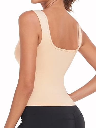 Sports Crop Tank Tops for Women Cropped Workout Tops Racerback Running Yoga Tanks Cotton Sleeveless Gym Shirts 3 Pack - Emerald Green/Beige/Coral Red (Square Neck) - Small thumbnail 3
