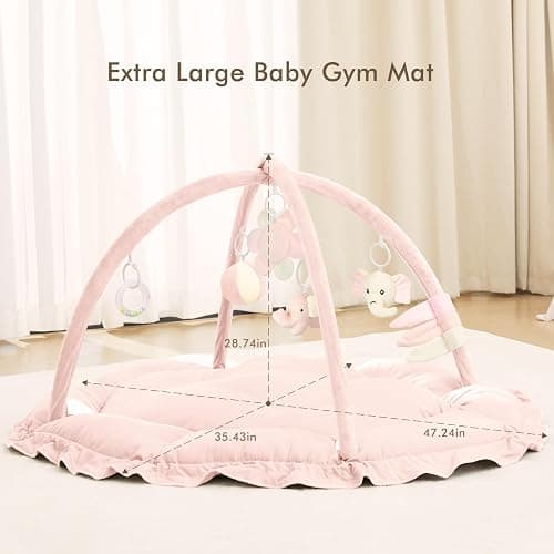 ANGELBLISS 5 in 1 Baby Play Gym Mat, Reversible Tummy Time Mat with 5 Sensory Toys for Stage-Based Developmental, Thick & Large Baby Activity Center from Newborn to Toddler (Pink) - Pink thumbnail 6
