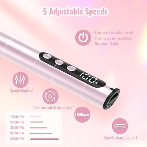 Denabuty Electric Nail Drill Cordless 35000RPM Portable Electric Nail File | Nail Drill with LCD Display and 12 Nail Drill Bits for Acrylic & Gel Nails, Professional Manicure & Pedicure Kit Set Pink thumbnail 5