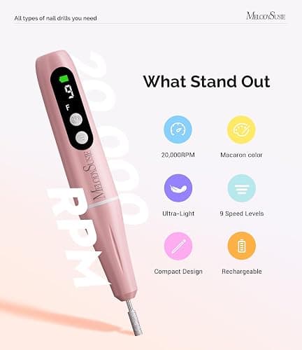 MelodySusie PC90G Rechargeable Nail Drill 20000RPM, Portable Electric Nail File for Manicure & Pedicure, Cordless Efiles for Acrylic Nails Lightweight Nail Care Tool for Home & Salon (Pink) thumbnail 2