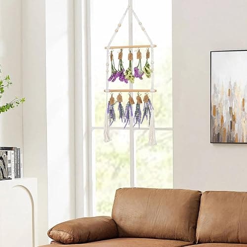OtGalk 2-Tier Hanging Herb Drying Rack – Includes 30 Brown Gift Tags & 32ft Natural Jute Twine – Handwoven Boho Style Plant Hanger for Drying Herbs, Flowers, Sage – 37" Tall, Home Décor & Gift Idea thumbnail 2