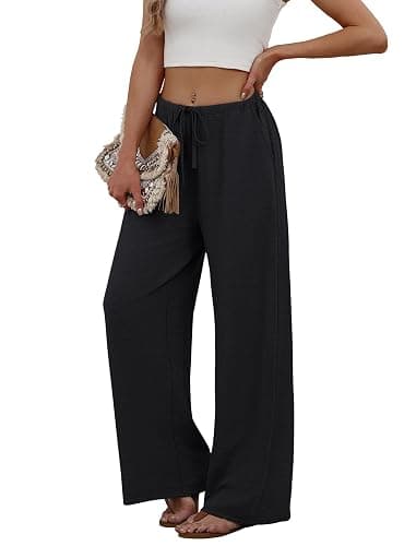Sampeel Wide Leg Pants for Women Flowy Palazzo Drawstring Elastic Waist Trousers with Pockets Summer Beach Vacation Clothes thumbnail 4