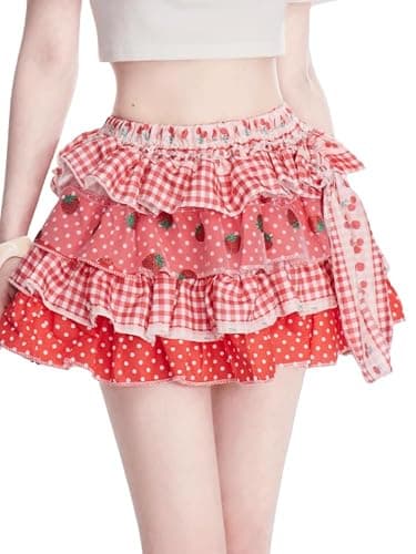 Xojbzoo Women's Lolita Mini Skirt Sweet Y2K Floral Print with Ruffles & Bow Chiffon Pink Cake Skirt - Image 1