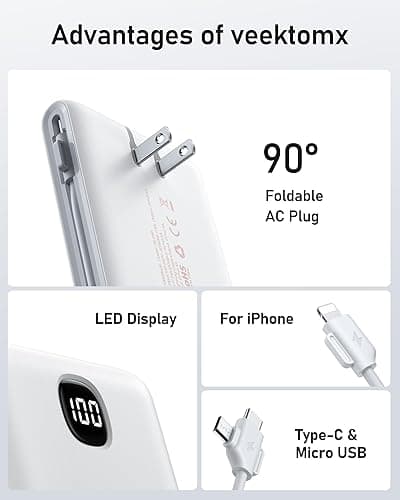 VEEKTOMX Portable Charger with Built in Cables 10000mAh, Power Bank for iPhone with Wall Plug, Travel Essential Fast Charging USB C Slim External Battery Pack for iPhone16/15/14, Samsung, iPad, etc thumbnail 9