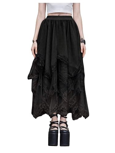 SHENHE Women's Lace Trim Layered Mesh Tulle Skirt High Waist Asymmetrical Long Goth Skirt thumbnail 5