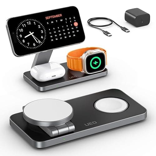 UEQ Foldable 3 in 1 Wireless Charging Station for Apple Compatible with Magsafe Charger Stand,Magnetic Wireless Charger Station for iPhone 17 Air16 15 14 13 12 Series,Airpods Pro,Apple Watch(Black) - Image 1