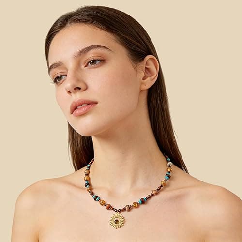 MEETCUTE Sunflower Tiger's Eye Pendant Beaded Necklace for Women, Vintage Boho-Charm Necklace Fashion Chain Accessory Creative, Dainty Jewelry GiftS thumbnail 2