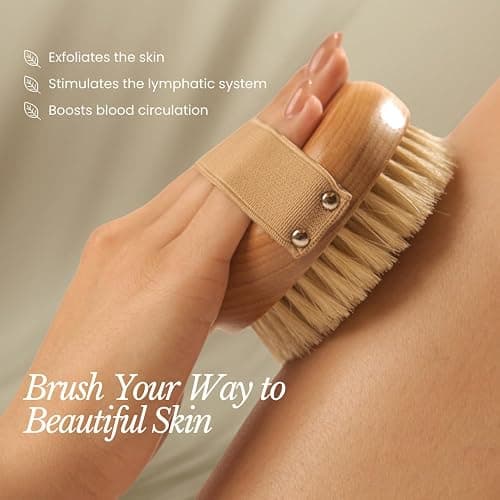 Bare Botanics Dry Body Brush for Lymphatic Drainage - Improve Circulation w/Gentle Exfoliation for Soft Skin - Ergonomically Designed w/Elastic Strap - Soft but Firm Natural Boar Bristles thumbnail 2