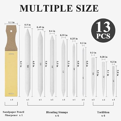 Aenir Blending Stumps for Drawing, Tortillons Blending Stumps Set of 13 Pack with Sandpaper Pencil Sharpener, Paper Art Blenders Tools for Charcoal, Graphite, Drawing Tools for Artists. (13) thumbnail 2