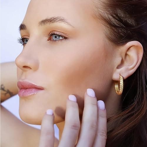 JADE KOS Gold Hoop Earrings 14K Gold Hoop Earrings for Women Wrinkle Texture 14K Gold Earring for Women Hypoallergenic Womens Hoops Earring 25mm thumbnail 4