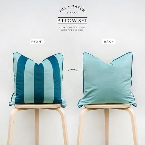 MONDAY MOOSE Decorative Throw Pillow Covers Cushion Cases, Set of 2 Soft Velvet Striped Piping Edge Designs, Pillow Inserts Not Included (16x16 inch, Blue/Light Blue) thumbnail 4