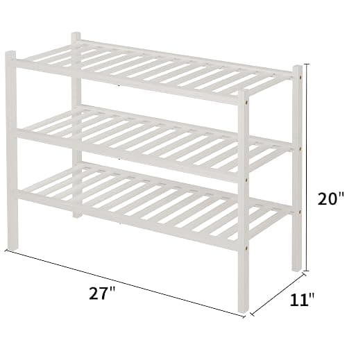 ROMGUAR CRAFT 3 Tier Bamboo Shoe Rack for Closet Free Standing Wood Shoe Shelf Storage Organizer for Entryway Small Space Stackable 27"x11"x20" (White) thumbnail 3