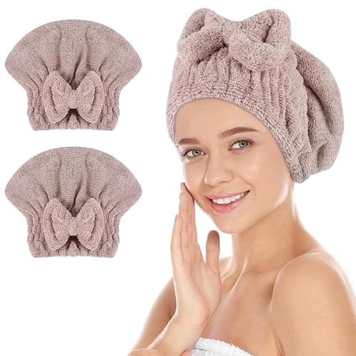 SUNLAND Large Microfiber Hair Drying Caps with Bow knot Fast Drying Shower Cap Soft and Absorbent hairWrap Hair Turban Bath Caps for Curly Thick and wet Hair 11 X 13.4 inch 2 Pack Brown - Image 1