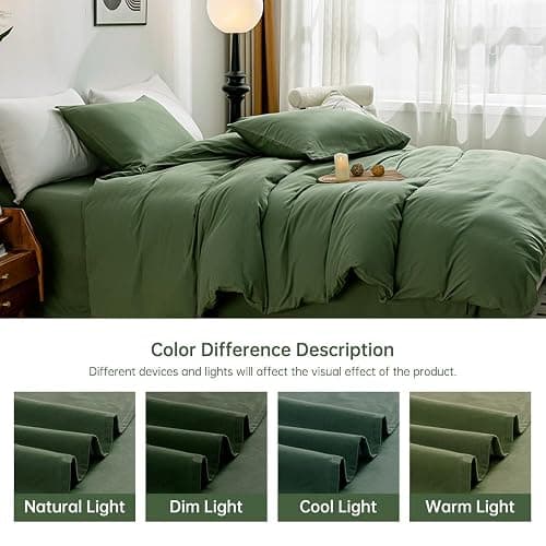JELLYMONI Green Duvet Cover California King - 100% Washed Cotton Linen Like Textured Comforter Cover, 3 Pieces Breathable Soft Bedding Set with Zipper Closure (Green,Cal King 104"x98") thumbnail 9