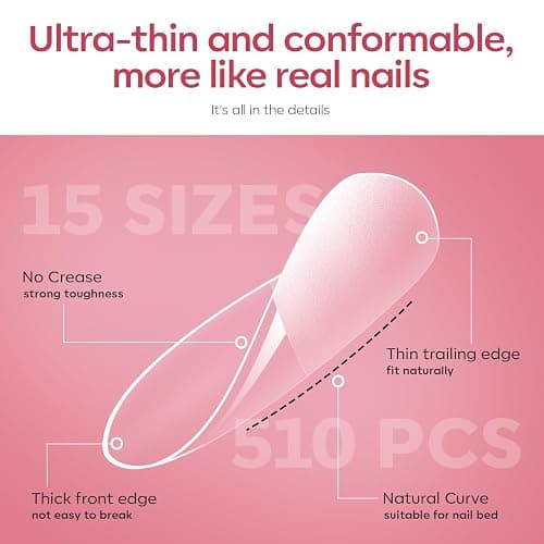 modelones Gel Nail Kit Almond, 510Pcs Nail Tips Solid Glue Prep Dehydrator & Mini U V LED Light Clipper, Upgrade 15Sizes Medium Almond Press on Tips Etch Half Matte for Easy Extension DIY Women Gift thumbnail 6