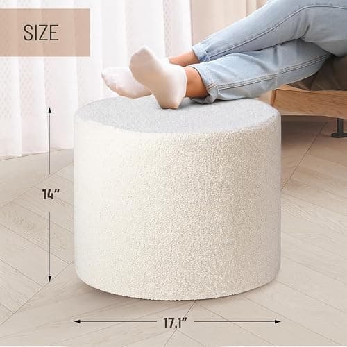KKdema White Round Ottoman Foot Rest Stool – Clean Boucle Fabric Footstool with Soft Foam Filling, Lightweight Modern Pouf for Minimalist Living Room, Bedroom, Office – Pure White thumbnail 2