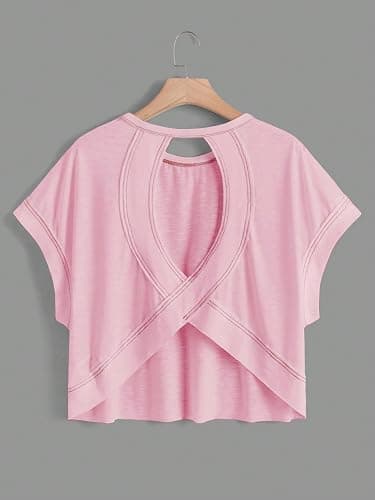 RoseSeek Girl's 2 Packs Open Back Backless Tops Short Sleeve T Shirts | Criss Cross, Crewneck Casual Tees, Teen Girls Size 10 12, Kids Clothes, Summer, Cute Shirt thumbnail 2
