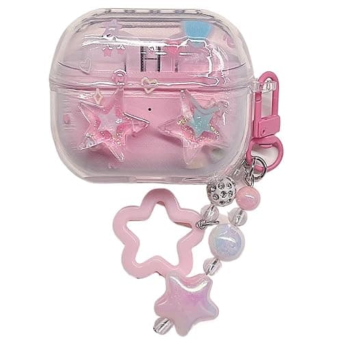 for Samsung Galaxy Buds 3/Buds 3 Pro Headphone Case, Cute TPU Patterned Design Transparent Protective Earbud Shell with Pendant (Pink) - Image 1