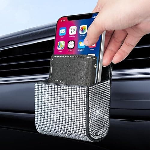 Salior Rhinestone Vent Storage Organizer, Leather Pocket, Bling Accessories for Women or Man, Multipurpose Sunglass and Coin Holder for Car Decorations, Black thumbnail 7