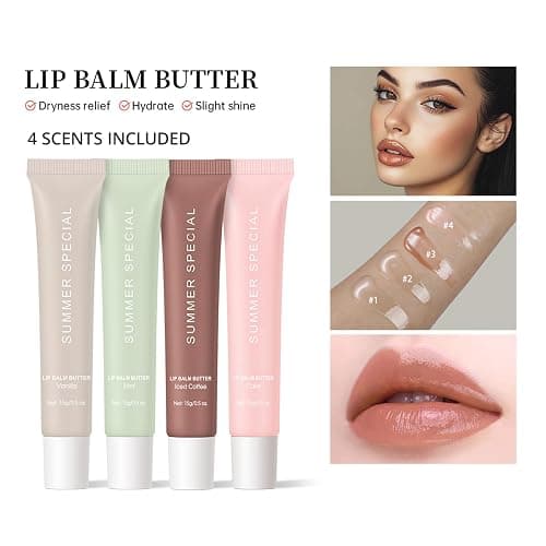 4 PCS Summer Special Lip Butter Balm, Hydrating, Nourishing Lip Care with Shea Butter & Olive Oil, Sheer Tinted Shine, Instant Moisture & Soothing Dry Lips (Vanilla/Mint/Coffee/Cake) thumbnail 7