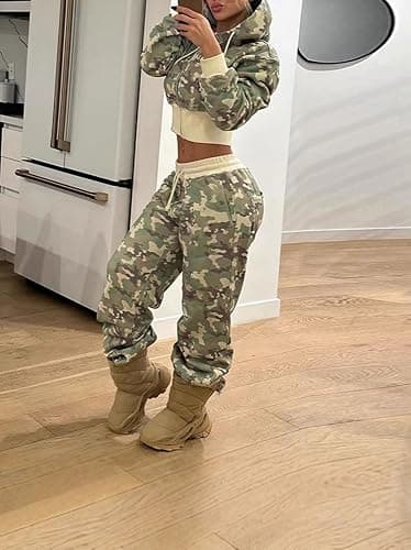 Gugujing 2 Piece Camouflage Tracksuit Set For Women,Long Sleeve Hooded Top With Wide Leg Pants,Casual Zipper Sweatsuit thumbnail 5