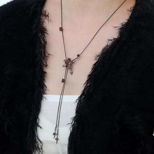 MASW Gothic style red and black rose necklace fashionable long tassel necklace personalized women's accessories flower accessories MO43 thumbnail 3