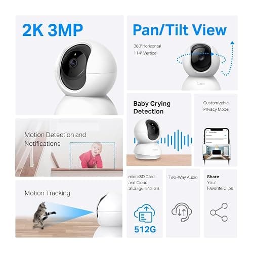 Tapo C210 2K 3MP Pan/Tilt Indoor Security Camera Pet Camera House Security | CCTV Camera, Dog Cat Camera, Baby Camera, 360° View, No Monthly Fee, Night Vision, AI Motion Detection, Two-Way Audio, Alexa thumbnail 3