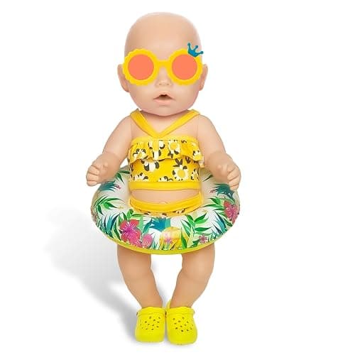 WanderGo 4 Teilig Badeanzug Puppen Set Puppenkleidung Sommer Schwimmset für 35–45 cm Schwimmpuppe Gelb Badeanzug mit Blumenmuster, Schwimmring, Sonnenbrille, Strandschuhe Puppenzubehör thumbnail 4