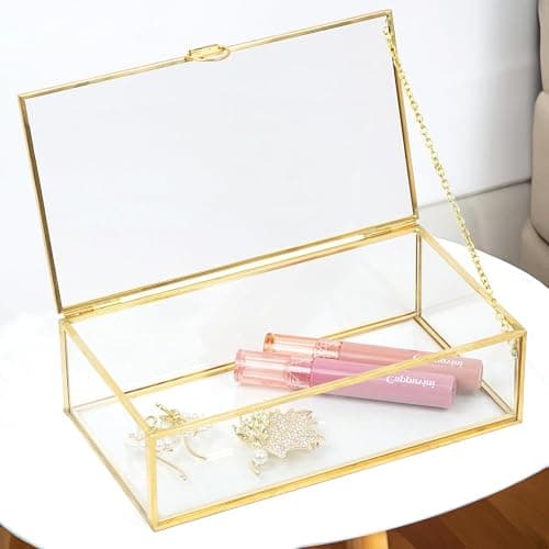 ZEXALOR Clear Glass Decorative Box for Organizing Photos, Jewelry, Small Items - Golden Dresser Drawer Organizer, Transparant Small Storage Bin Container with Lid (Upgrade, 8x4,3x2,3") thumbnail 7