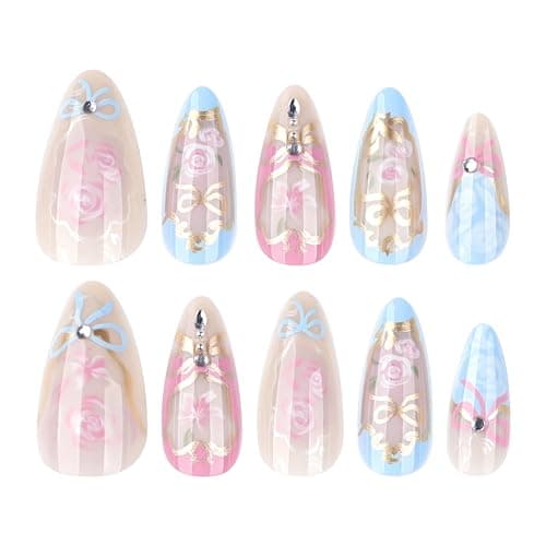 24Pcs Almond Press on Nails Heart Flowers Fake Nails with Exquisite Rhinestones Design Glossy Full Cover Rose False Nails with Glue Medium Romantic Stick on Nails Acrylic Nail Art for Women thumbnail 5