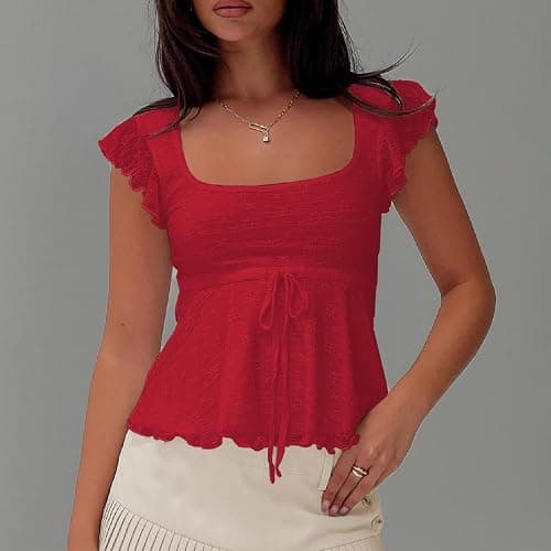 Women Lace Babydoll Tank Top Y2k Cap Sleeve Peplum Top Flowy Layered Ruffle Crop Cami Coquette Floral Going Out Shirt thumbnail 3
