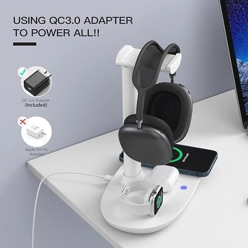 Headphone Stand with 15w Wireless Charger, Suguder 4 in 1 Charging Station Headset Holder for AirPods Max/Pro/4/3/2 iWatch 10/9/8/7/6/5/4/3/2/1/SE iPhone 17/16/15/14/13/12/11/X for Desktop Table Game thumbnail 6