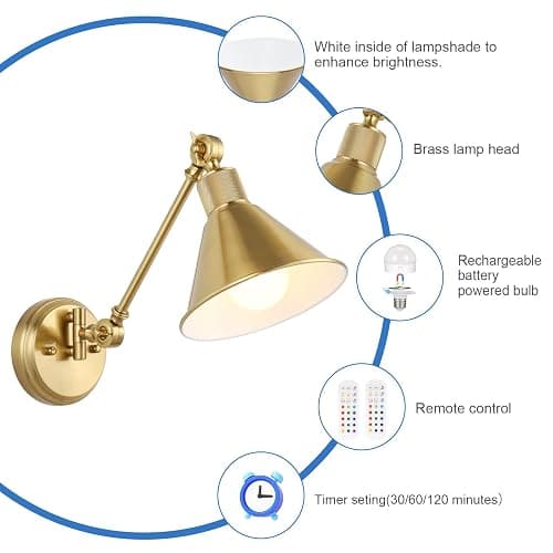 TRLIFE Rechargeable Battery Operated Wall Sconces, Dimmable and Adjustable Color Temperature Wireless Wall Sconces Set of 2 with Remote Control, Gold Swing Arm Wall Light for Bedroom Bedside Hallway thumbnail 4