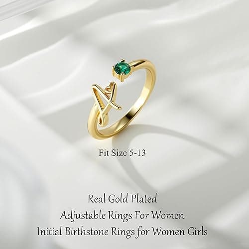 JIAOGE Gold Rings for Women Girls - Non Tarnish Real Gold Plated Initial Ring Adjustable Initial Birthstone Rings for Women Stackable Thumb Pinky Emerald Ring Birthday Bridesmaid Gifts for Women Girls thumbnail 7